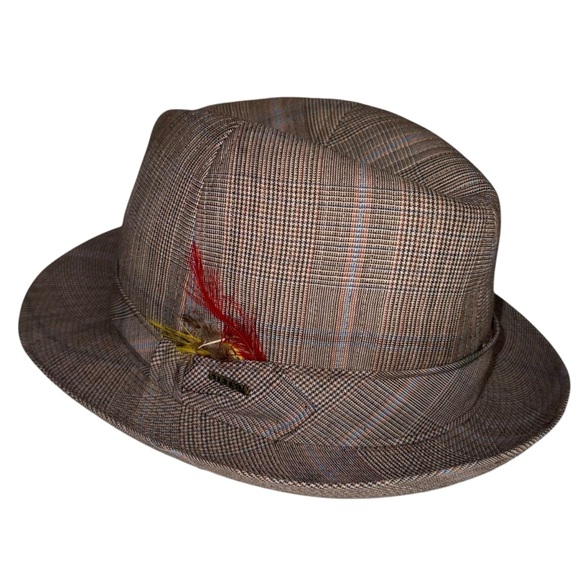 Vintage Stetson Beige Plaid Fedora Hat with Feather Accent‎